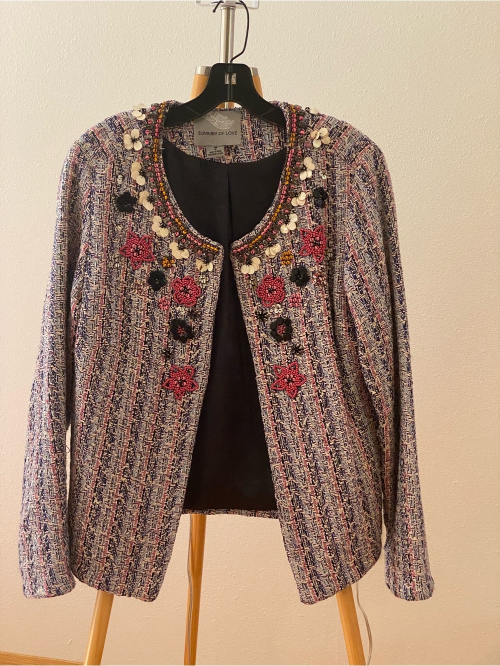 Anthropologie Multicolor Tweed Floral-Beaded Open Jacket